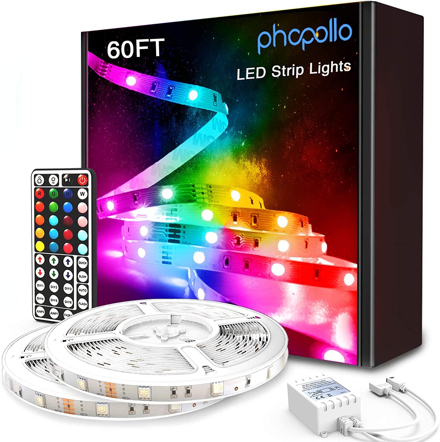 Led Strip Lights 60Ft 5050 RGB Flexible Led Lights with 44 Keys Remote Controller and 12V Power Supply