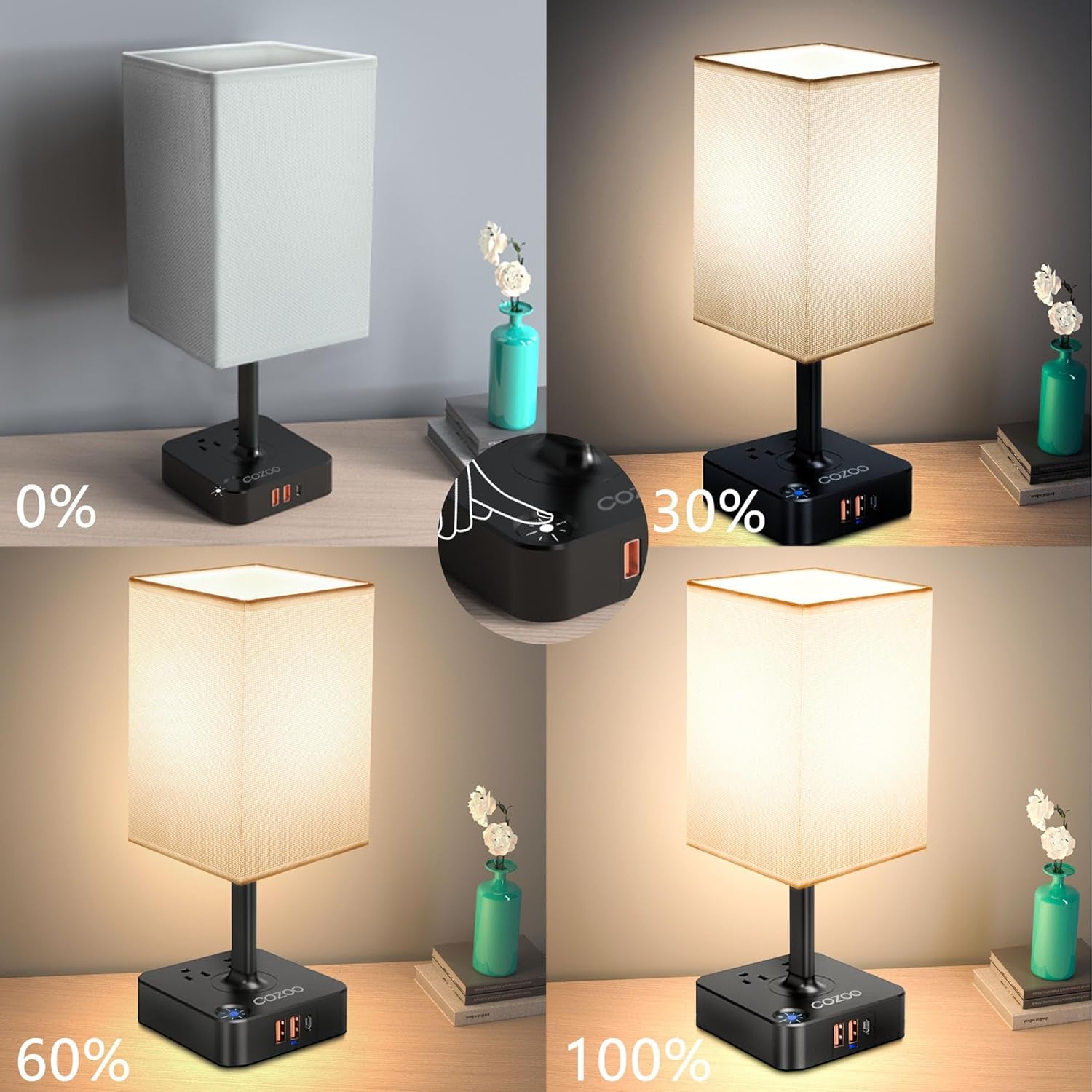 Table Lamp Dimmable  USB Bedside Table Desk Lamp with 3 USB Charging Port(A+C) 2 Outlet,Nightstand Lamp with Charger Base White Fabric Shade,Led Touch Lamp for Bedroom/Livingroom/Dorm/Home Office