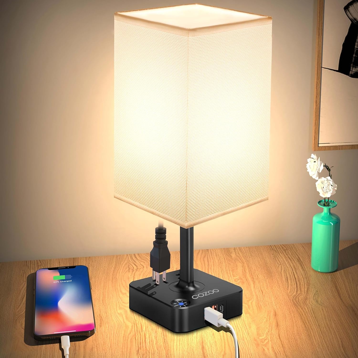 Table Lamp Dimmable  USB Bedside Table Desk Lamp with 3 USB Charging Port(A+C) 2 Outlet,Nightstand Lamp with Charger Base White Fabric Shade,Led Touch Lamp for Bedroom/Livingroom/Dorm/Home Office