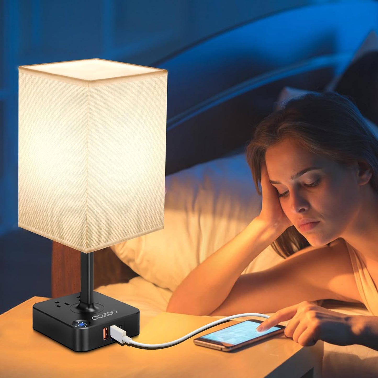 Table Lamp Dimmable  USB Bedside Table Desk Lamp with 3 USB Charging Port(A+C) 2 Outlet,Nightstand Lamp with Charger Base White Fabric Shade,Led Touch Lamp for Bedroom/Livingroom/Dorm/Home Office