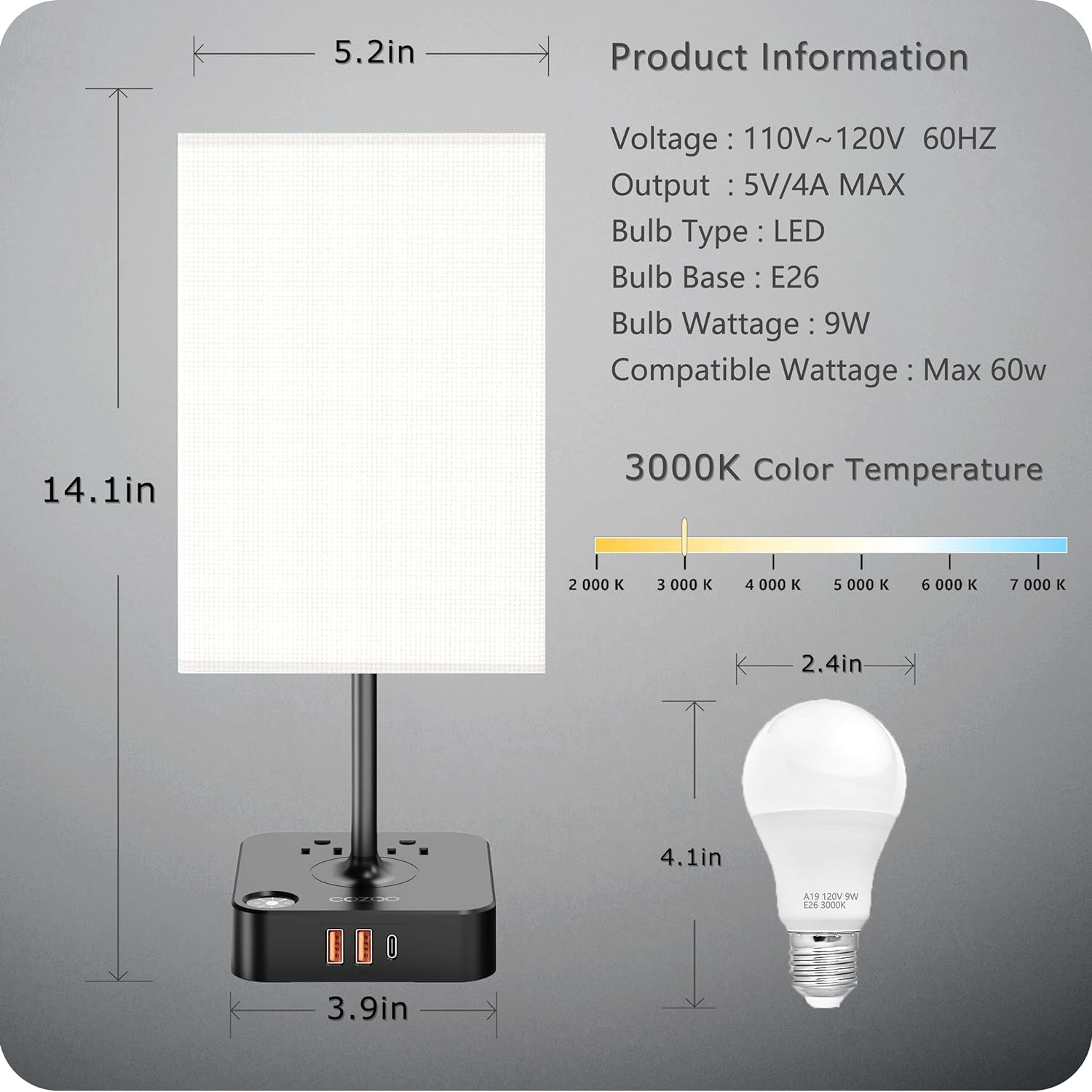 Table Lamp Dimmable  USB Bedside Table Desk Lamp with 3 USB Charging Port(A+C) 2 Outlet,Nightstand Lamp with Charger Base White Fabric Shade,Led Touch Lamp for Bedroom/Livingroom/Dorm/Home Office